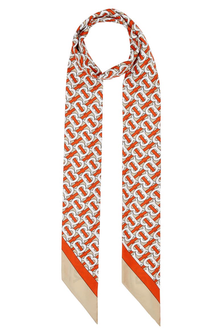 Logo & TB Monogram Print Skinny Silk Scarf, Alternate, color, VERMILLION