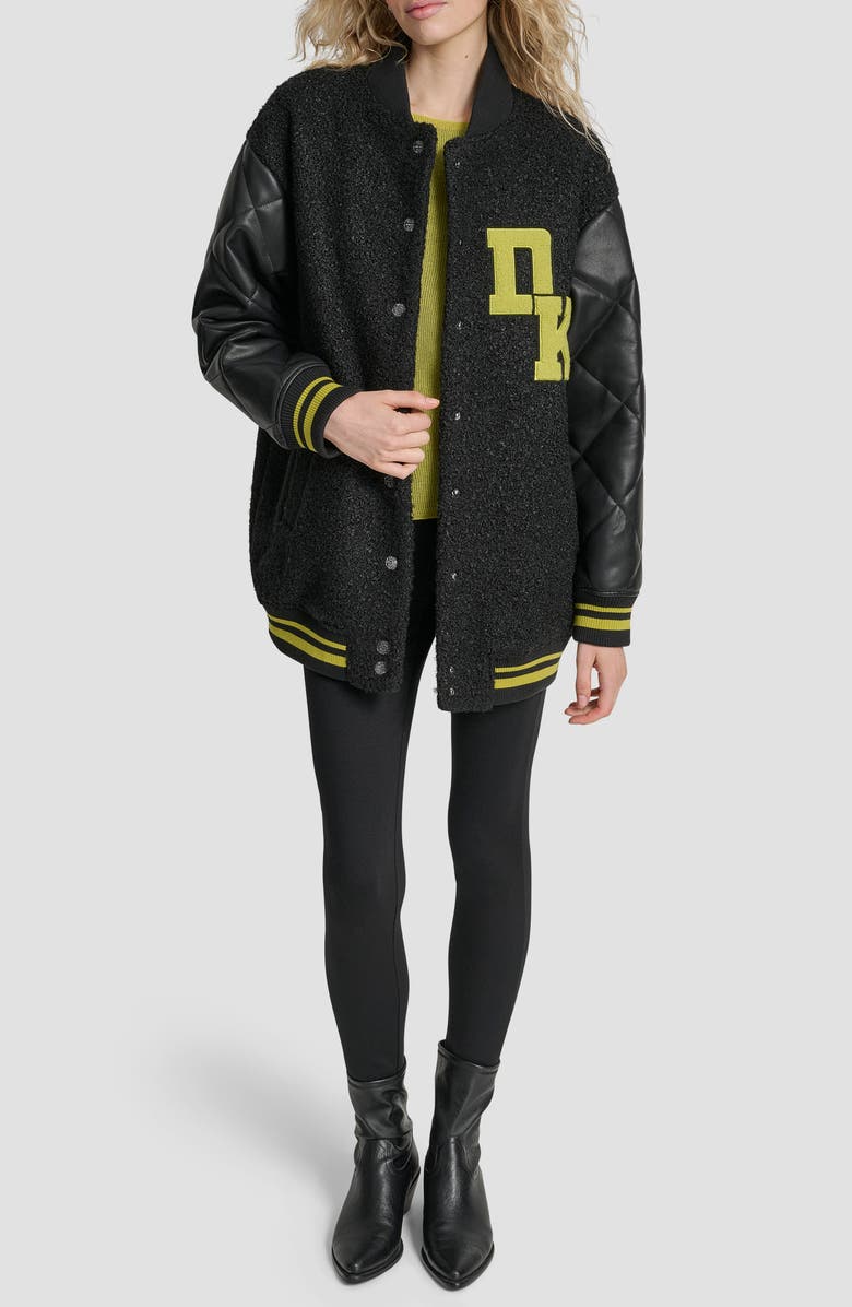 DKNY Logo Bouclé & Faux Leather Varsity Jacket, Alternate, color,