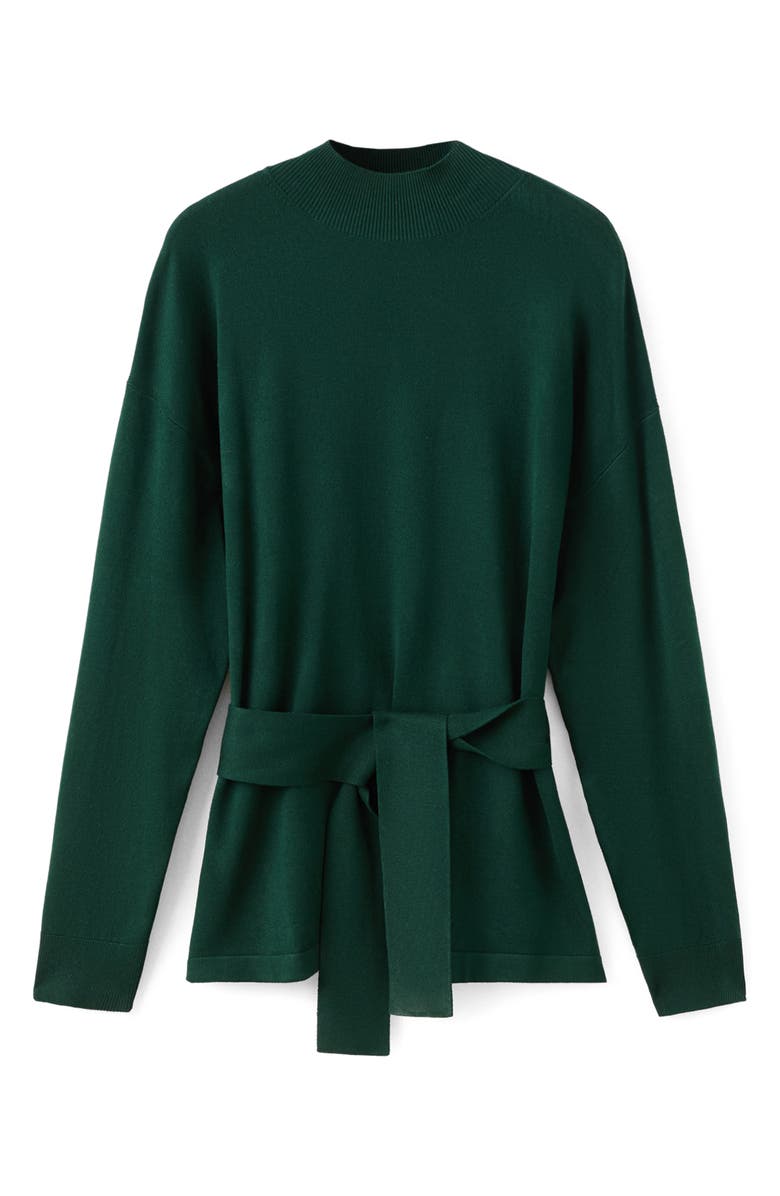 MANGO Tie Waist Mock Neck Sweater, Alternate, color, Dark Green