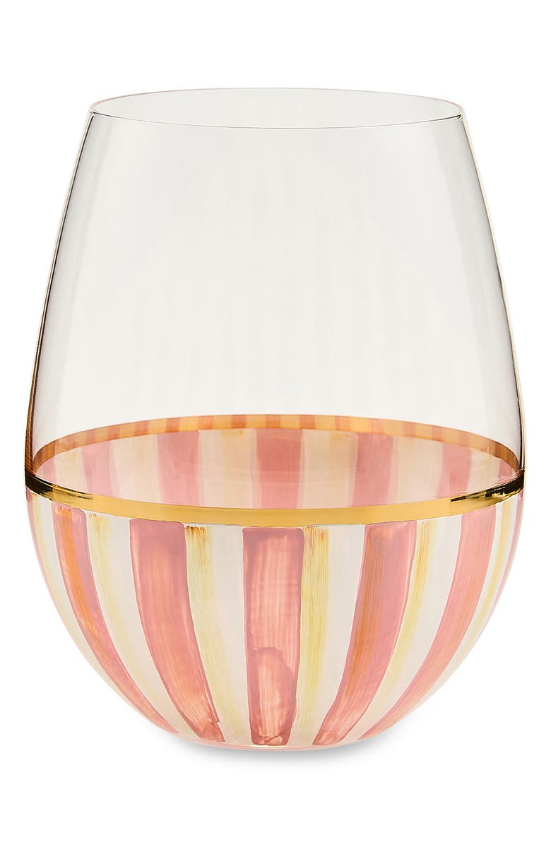 MACKENZIE CHILDS Rosy Stripe Stemless Wine Glass, Main, color, Rosy