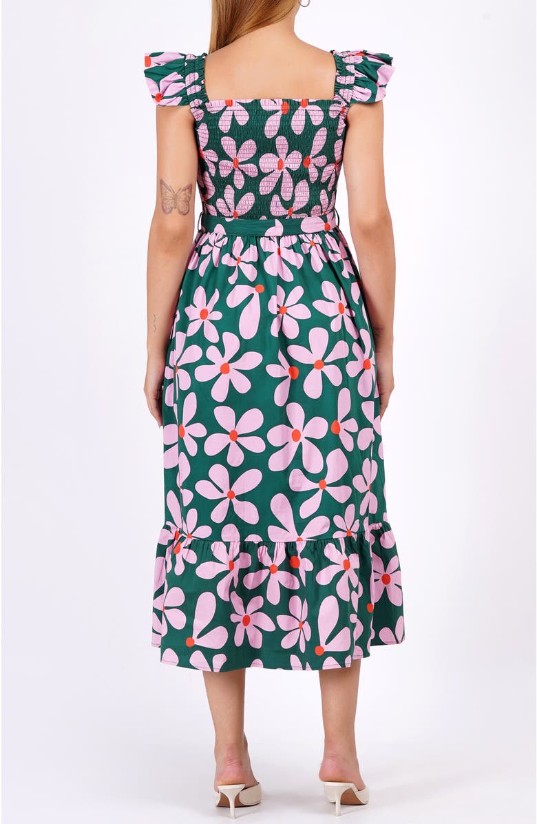 Leota Ivanna A-Line Smocked Midi Dress, Alternate, color, Dancing Daisies Evergreen