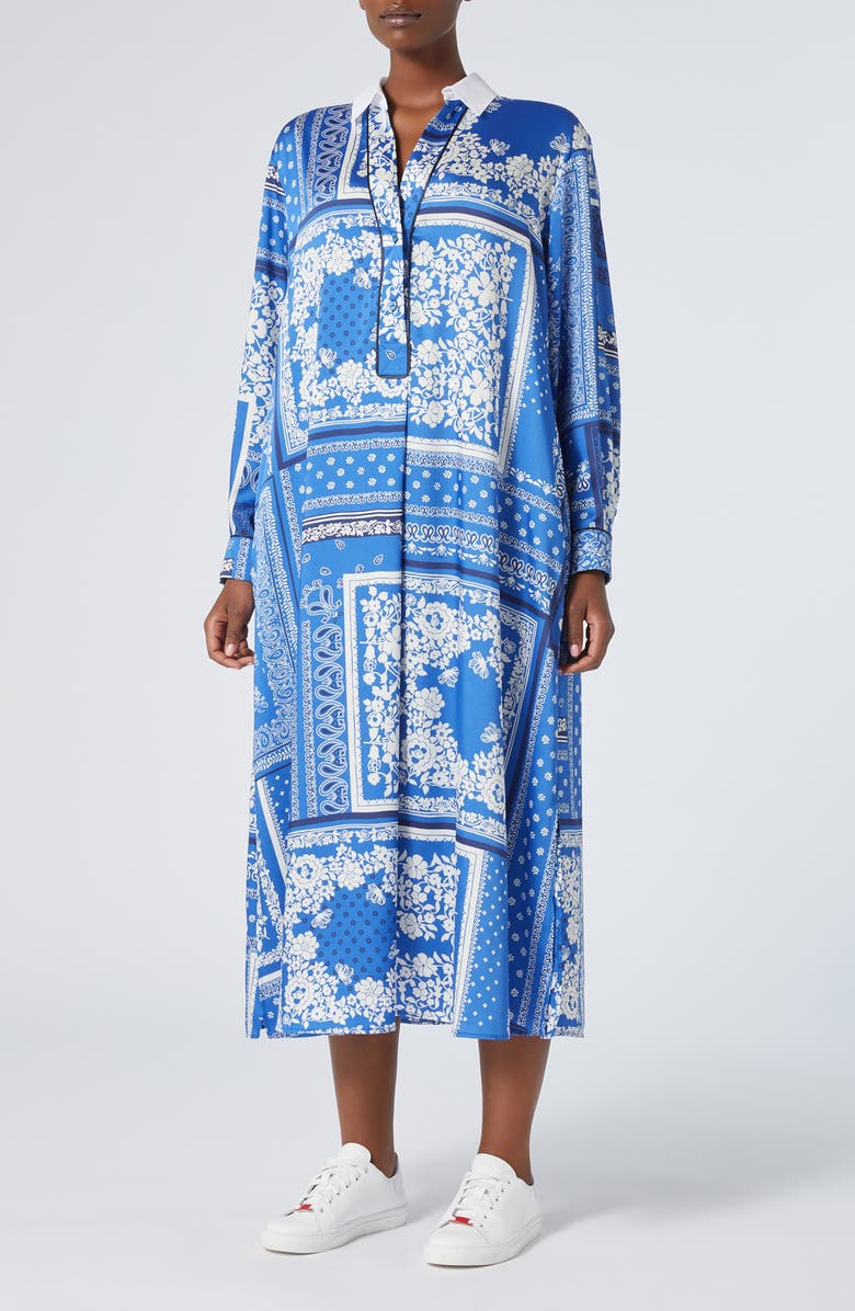 Marina Rinaldi Osanna Print Long Sleeve Maxi Shirtdress, Main, color, Light Blue