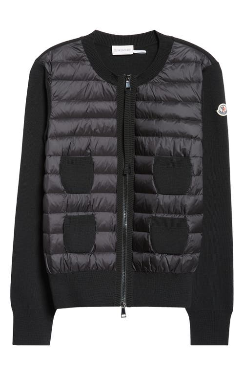 Moncler Mixed Media Quilt Front Wool Cardigan In Black/black