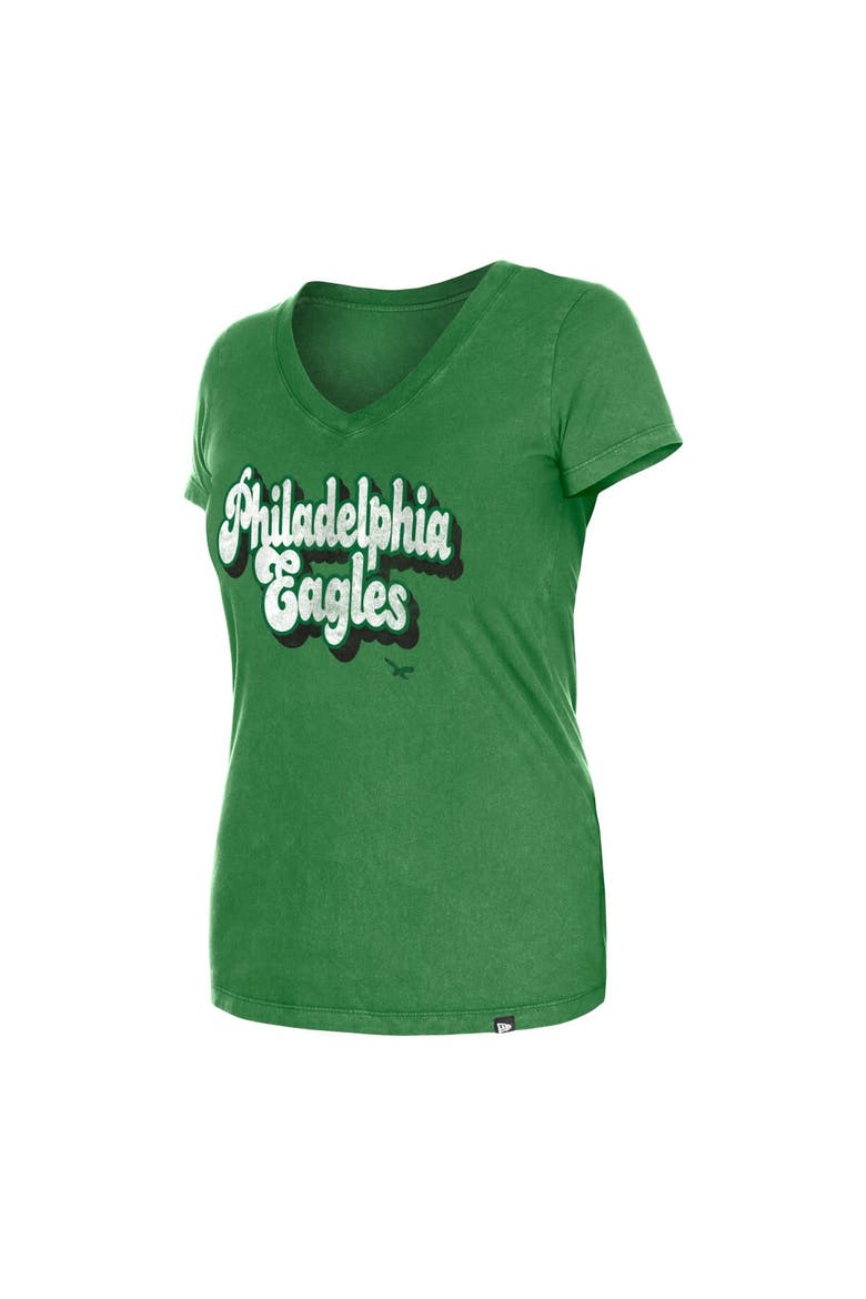 Women's New Era Green Philadelphia Eagles Enzyme Wash Low V-Neck T-Shirt, Alternate, color, Green