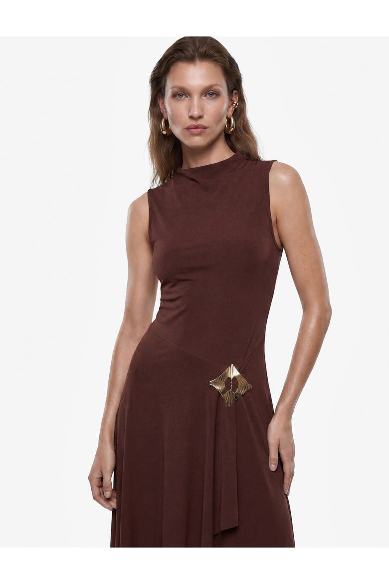 Sleeveless High Neck Draped Midi Dress with Accessory Detail, Alternate, color, BROWN