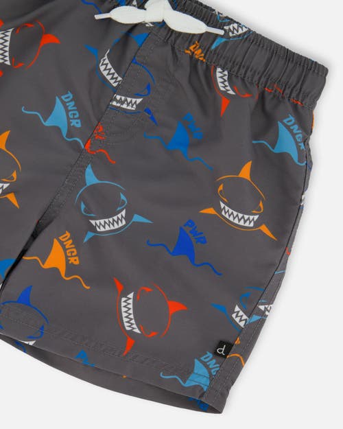 Deux Par Deux Little Boy's Printed Boardshorts Orange, Red, And Blue Sharks On Gray In Orange Red And Blue Sharks