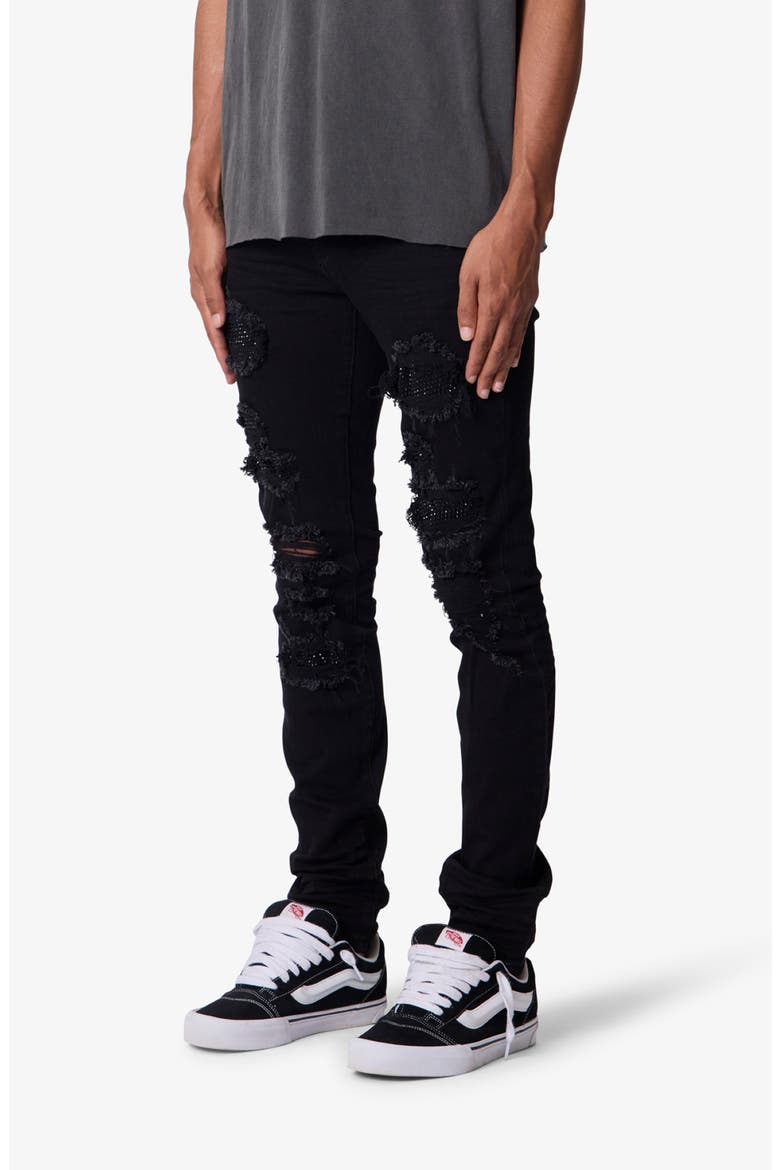 Rhinestone Detail Ripped & Distressed Skinny Jeans, Alternate, color, BLACK