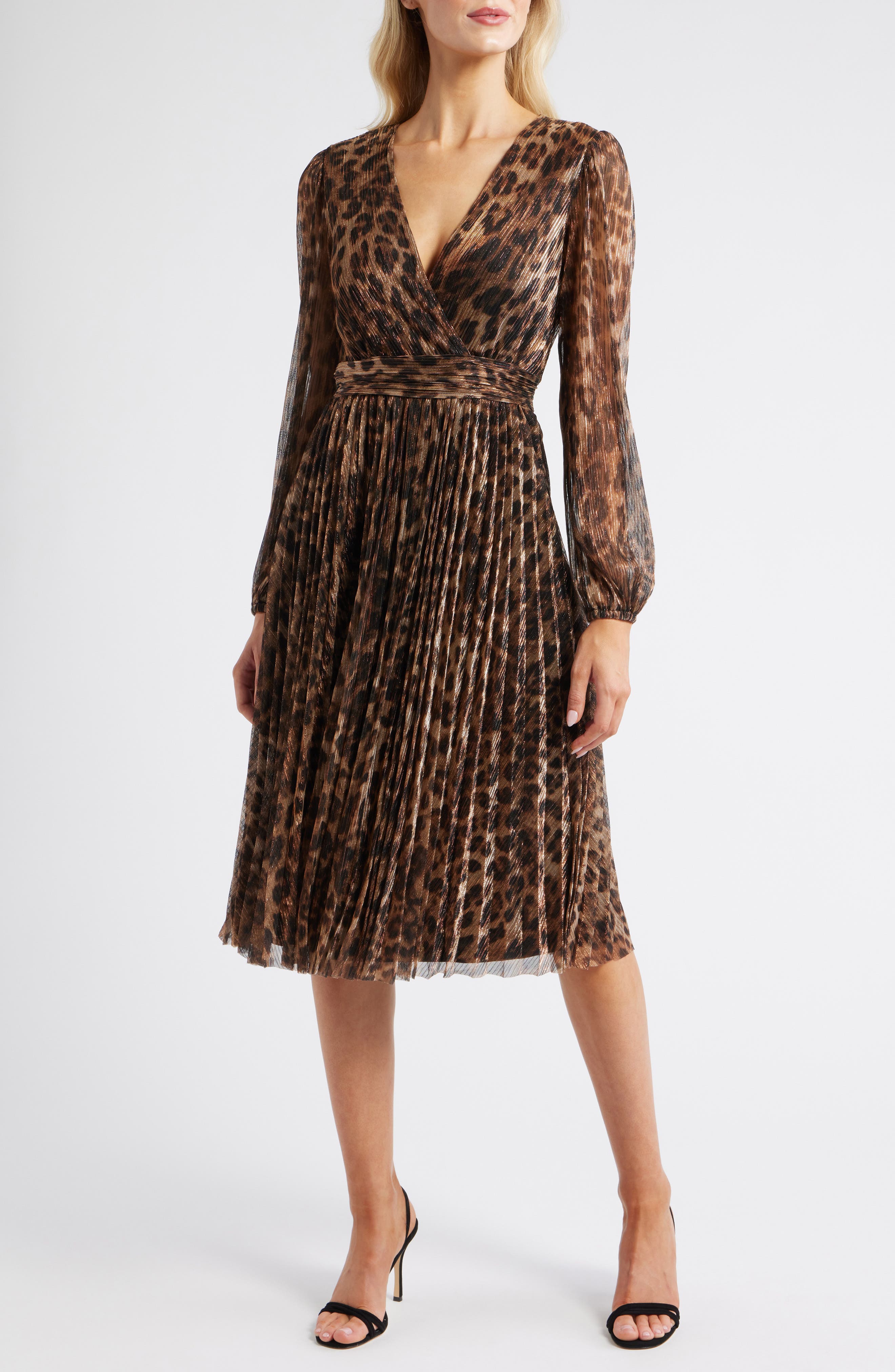 Metallic Leopard Print Long Sleeve Midi Dress