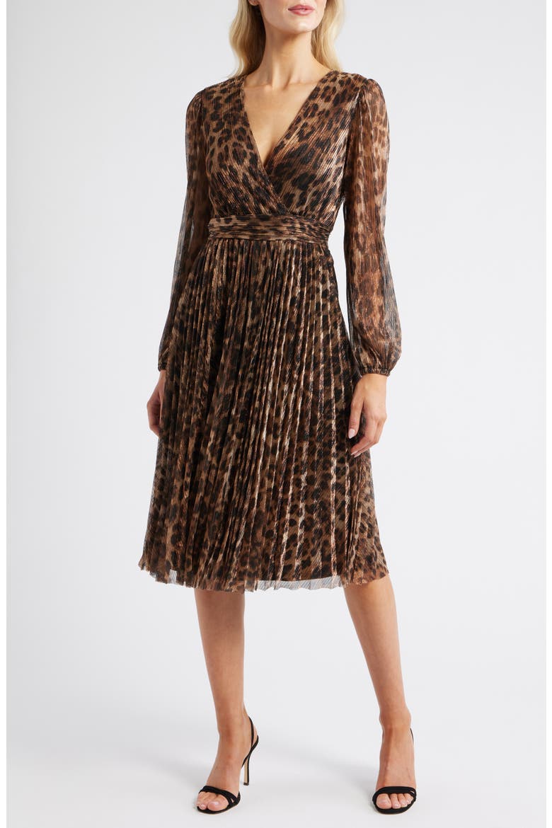 Metallic Leopard Print Long Sleeve Midi Dress, Main, color, BROWNSTONE