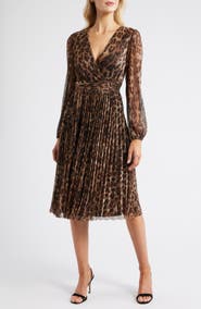 Halogen® Metallic Leopard Print Long Sleeve Midi Dress