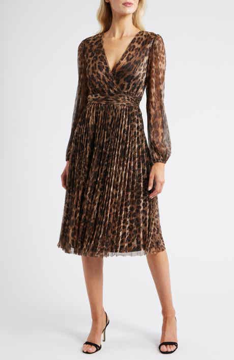 Halogen® Metallic Leopard Print Long Sleeve Midi Dress