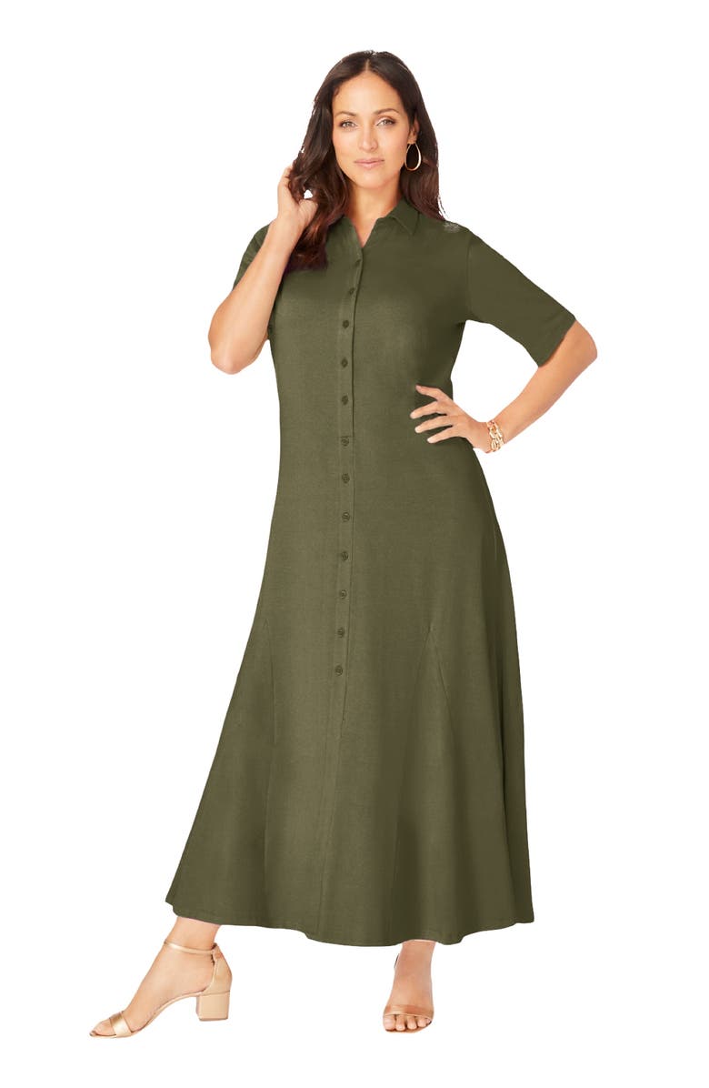 Jessica London Stretch Cotton Button Front Maxi Dress, Main, color, Dark Olive Green