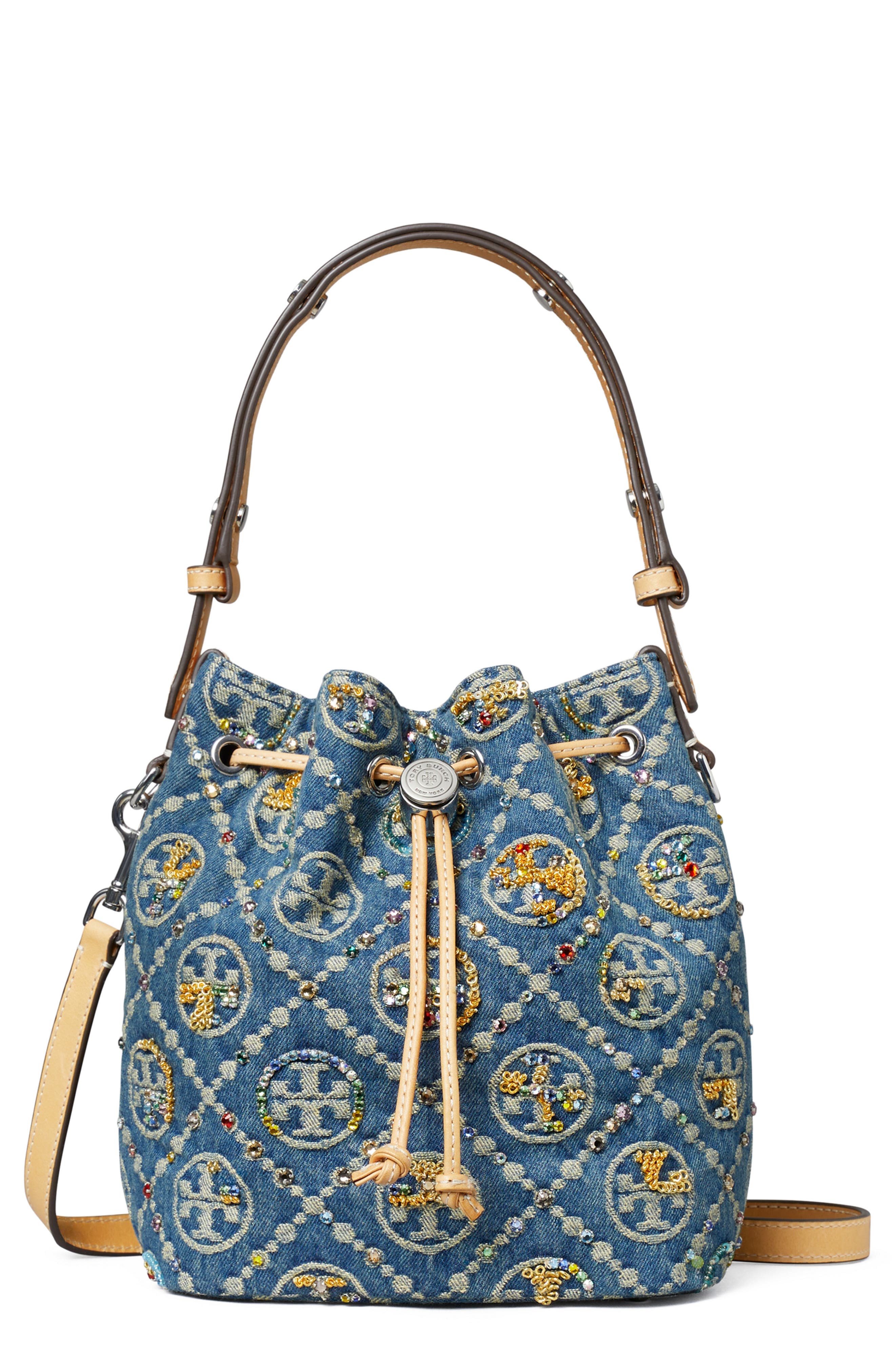 T Monogram Embellished Denim Bucket Bag, Main, color, BOAT HOUSE