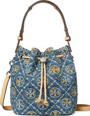 Tory Burch T Monogram Embellished Denim Bucket Bag