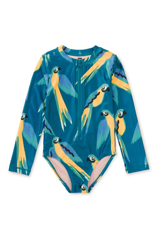 Shop Tea Collection Long Sleeve One-piece Swimsuit In Blue & Yellow Macaws