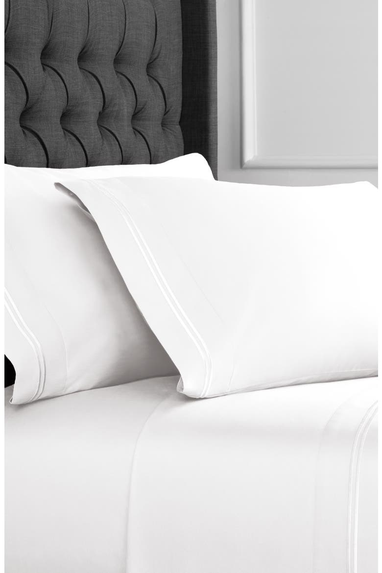 Dual Stripe Embroidered 600 Thread Count Cotton Sheet Set, Main, color, WHITE/ WHITE