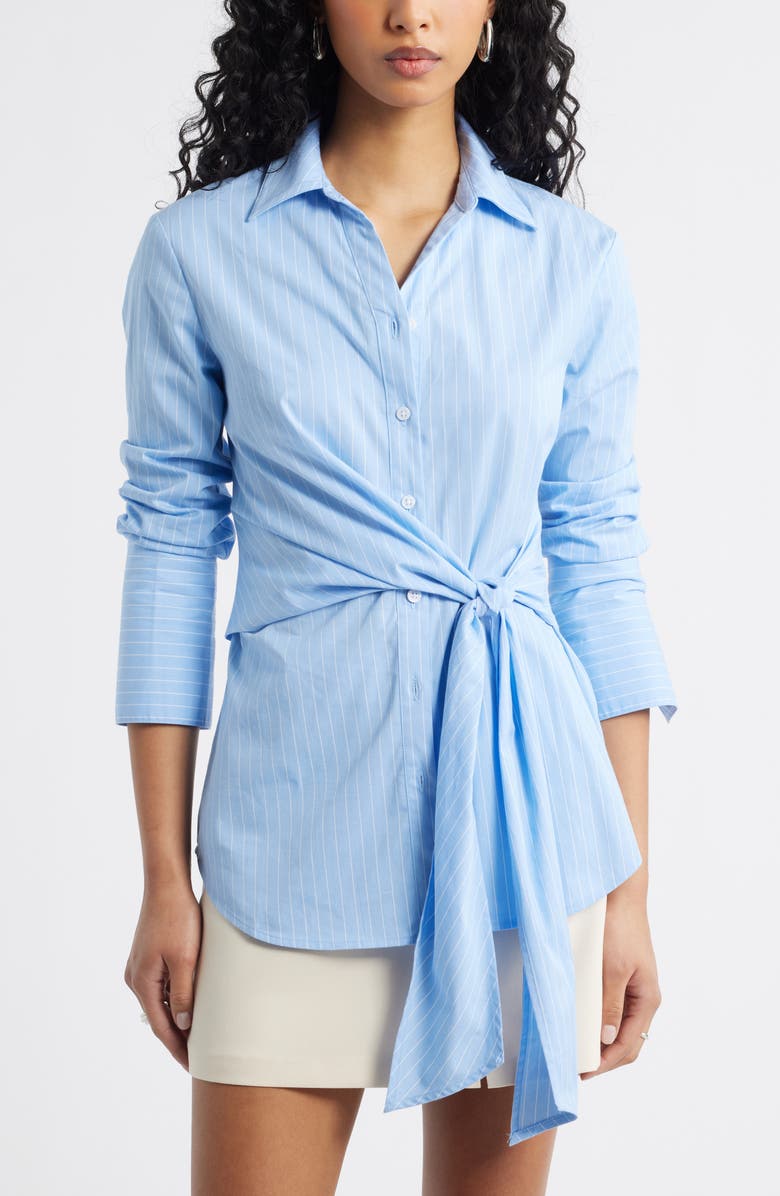 Open Edit Pinstripe Button-Up Tie Waist Poplin Top, Main, color, Blue- Ivory Vertical Pin