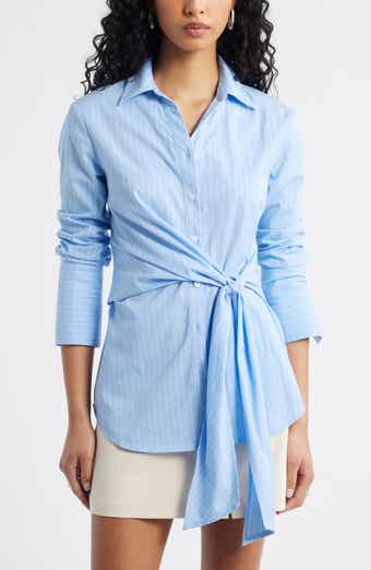 Pinstripe Button-Up Tie Waist Poplin Top