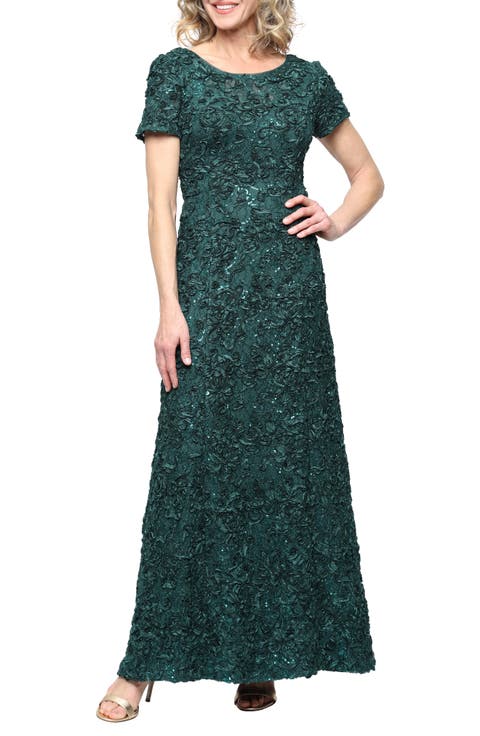 Sequin Soutache Short Sleeve A-Line Gown