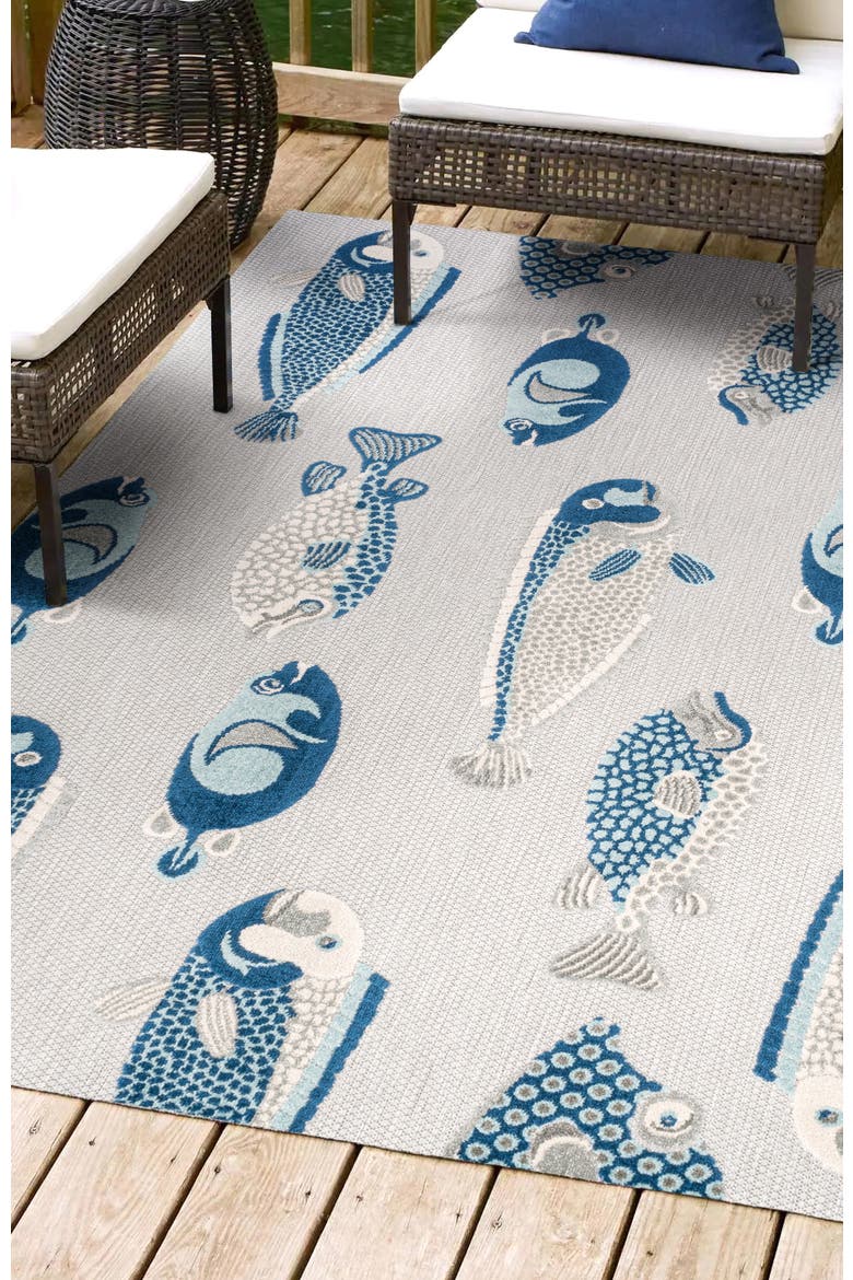 Algarve Modern Fish High-Low Indoor/Outdoor Area Rug, Alternate, color, Gray/Navy