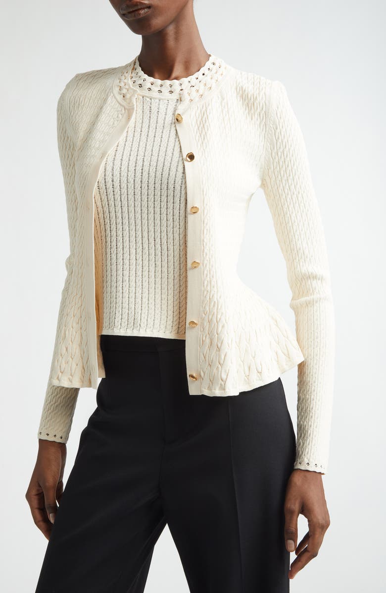 Jason Wu Collection Cable Stitch Peplum Cardigan, Alternate, color, Plaster