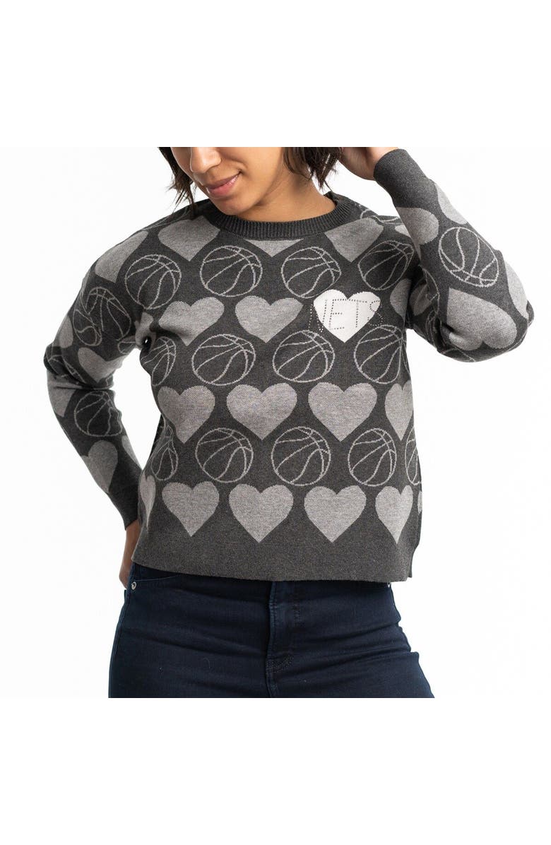 LUSSO Women's Lusso Charcoal Brooklyn Nets Basketball Love Swarovski Crystal Intarsia Pullover Sweater, Main, color, Charcoal