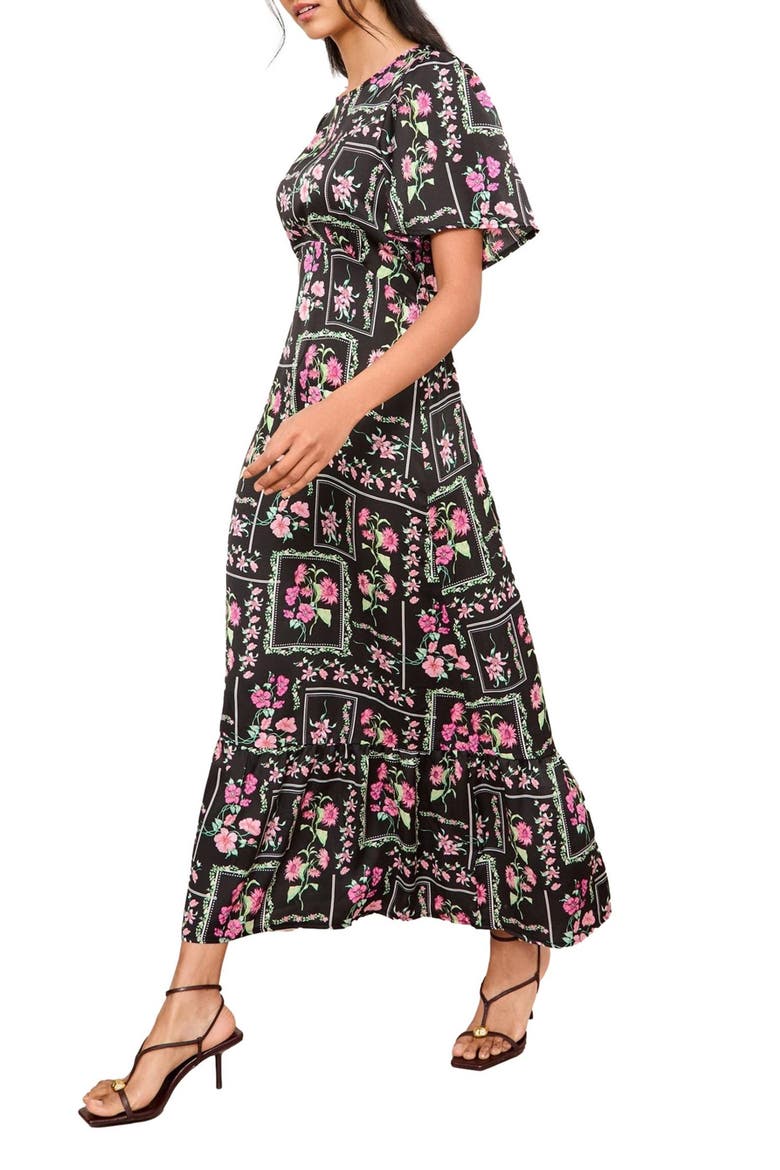 Floral Print Flutter Sleeve Maxi Dress, Alternate, color, BLACK