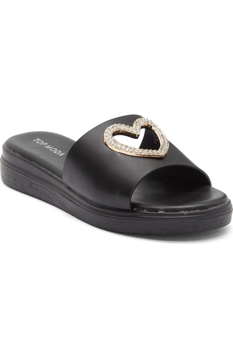 TOP MODA Genova Heart Slide Sandal, Main, color, Black Pu