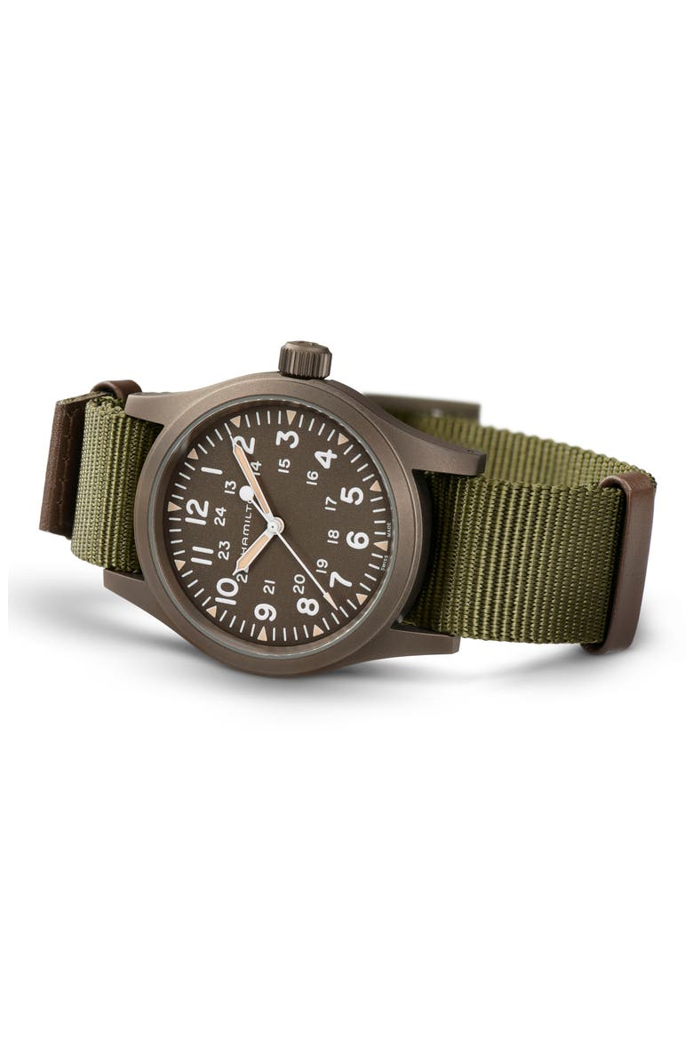 Khaki Field Mechanical NATO Strap Watch, 38mm, Alternate, color, GREEN