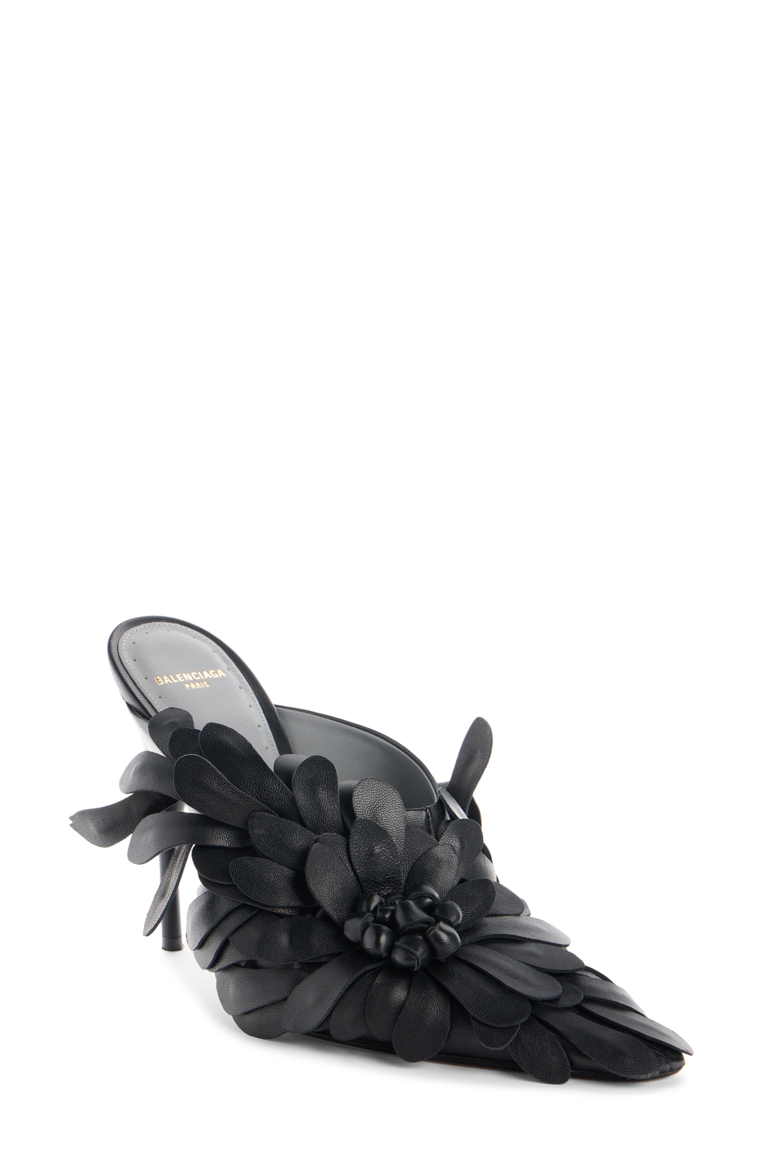 Balenciaga Duchesse Floral Petal Pointed Toe Mule, Main, color, Black/ Gold