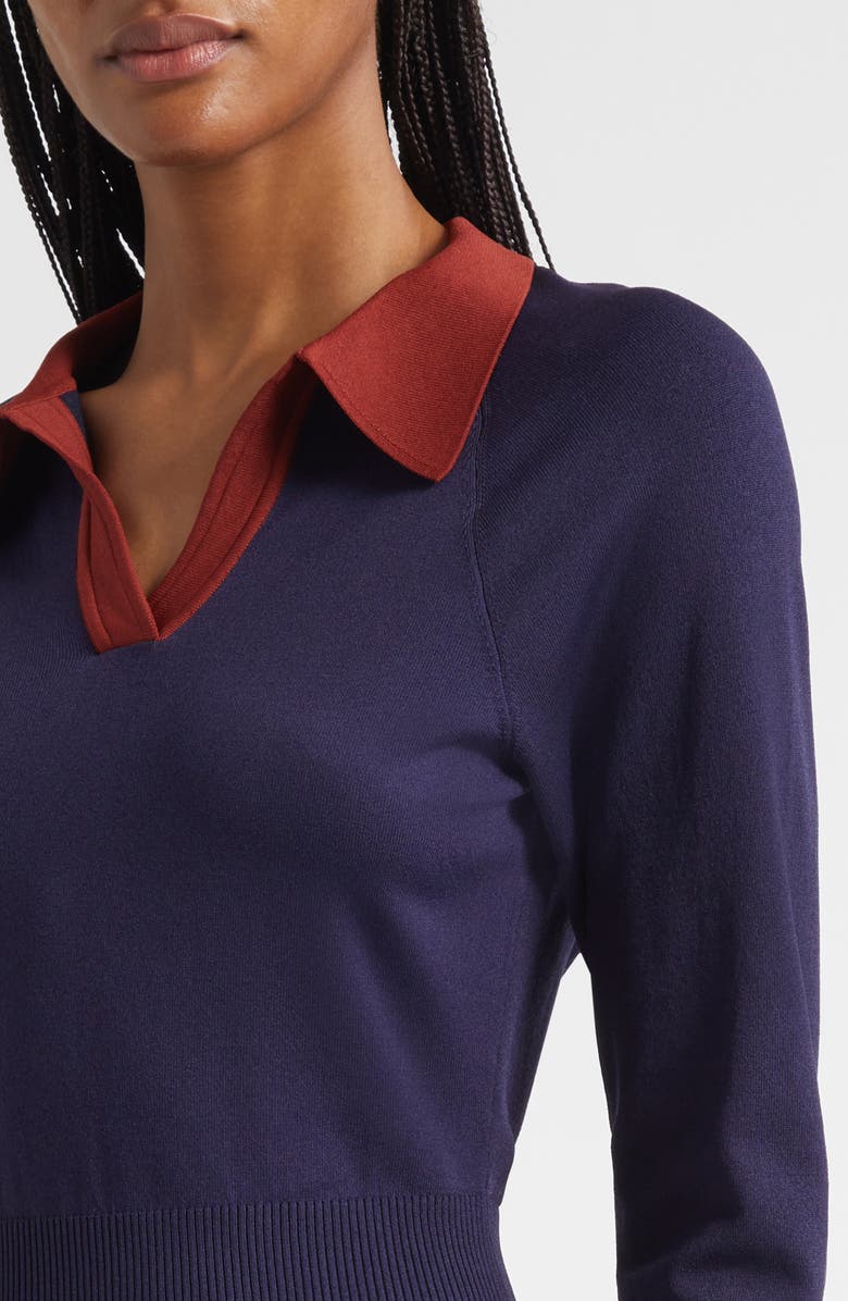 STAUD Gene Long Sleeve Polo Sweater Dress, Alternate, color, Navy/ Sangria