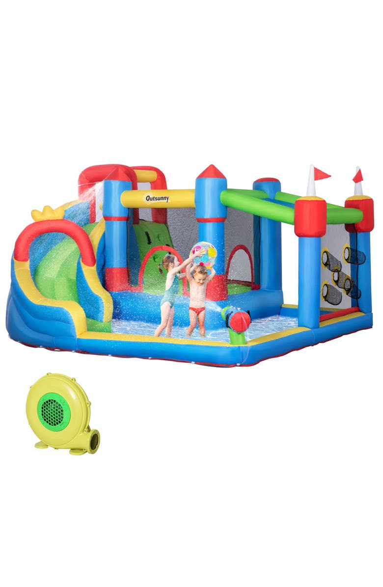Outsunny 6-in-1 Inflatable Water Slide Bounce House, Main, color, Multi Color