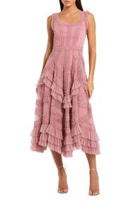 Mac Duggal Scoop Neck Sleeveless Mesh Micro Ruffle Midi Dress
