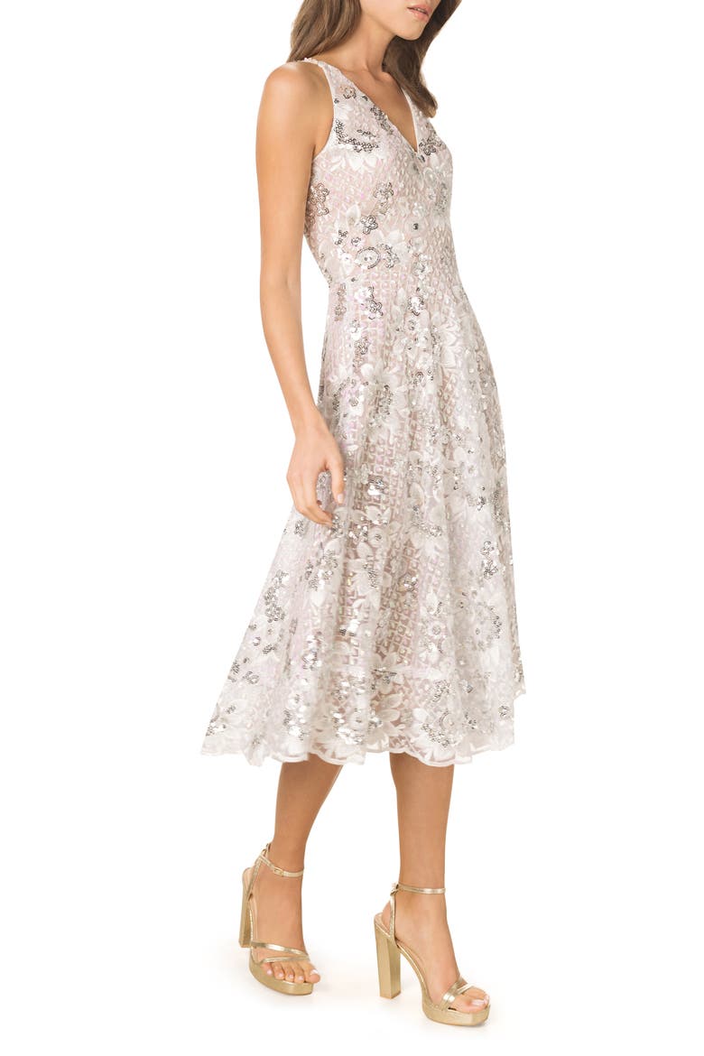 Elisa Sequin Embroidered Cocktail Midi Dress, Alternate, color, WHITE MULTI