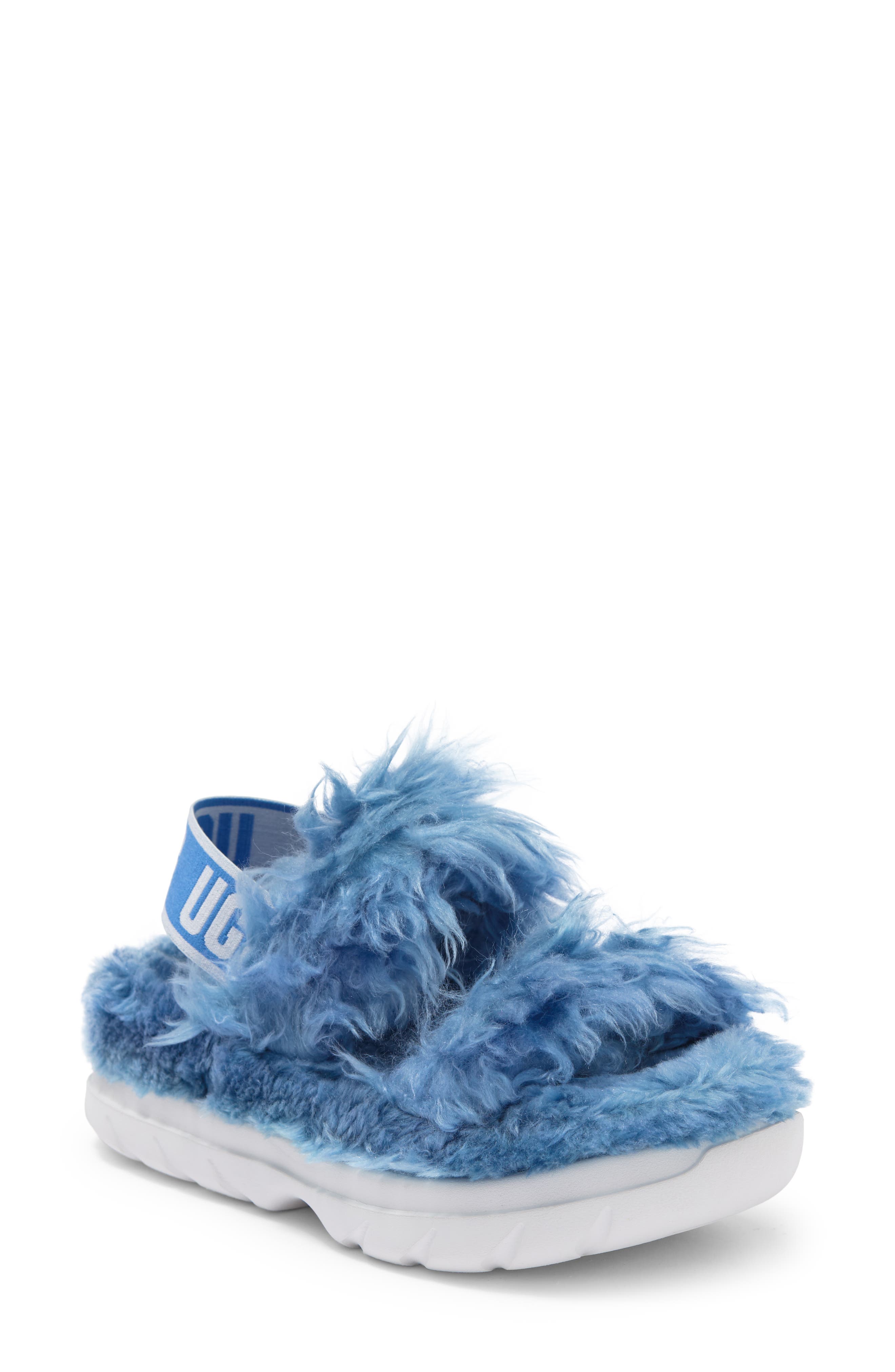 Fluff Sugar Faux Fur Sandal, Main, color, BLUE