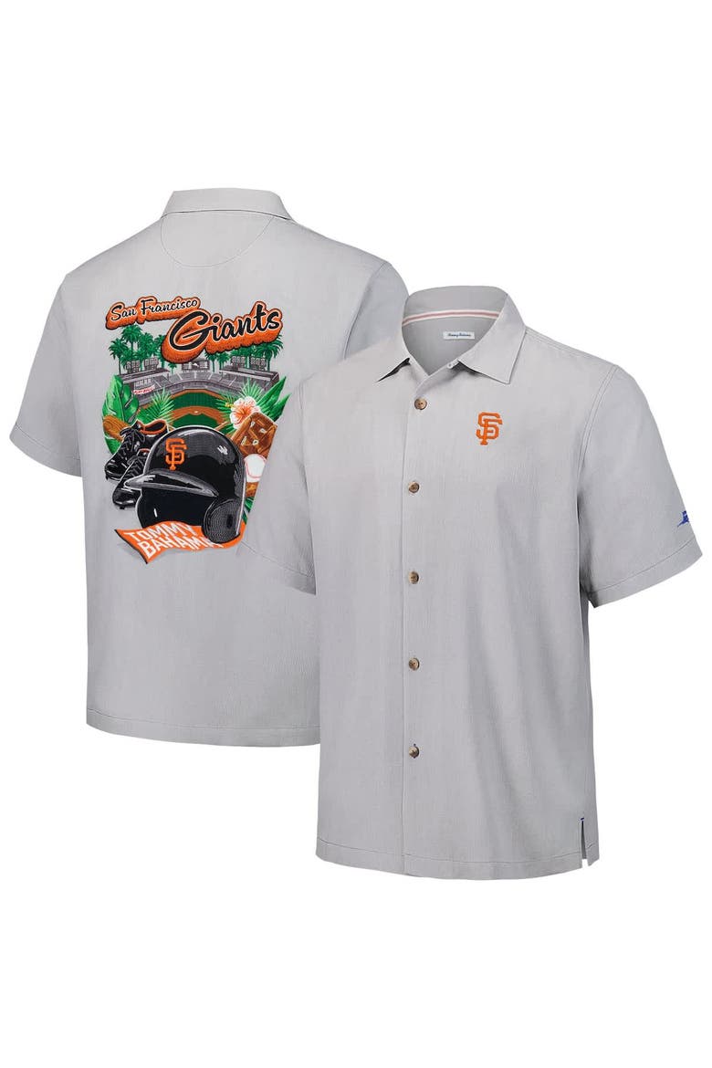 Men's Tommy Bahama Gray San Francisco Giants Hit and Run Silk Camp Button-Up Shirt, Main, color, Gray
