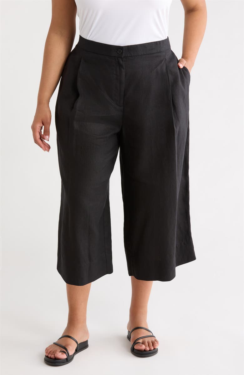 Eileen Fisher High Waist Organic Linen Crop Wide Leg Pants, Main, color, Black