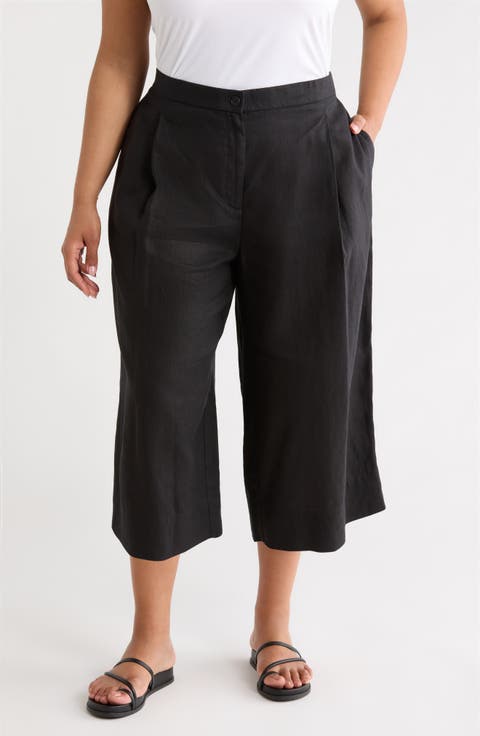 High Waist Organic Linen Crop Wide Leg Pants (Plus)
