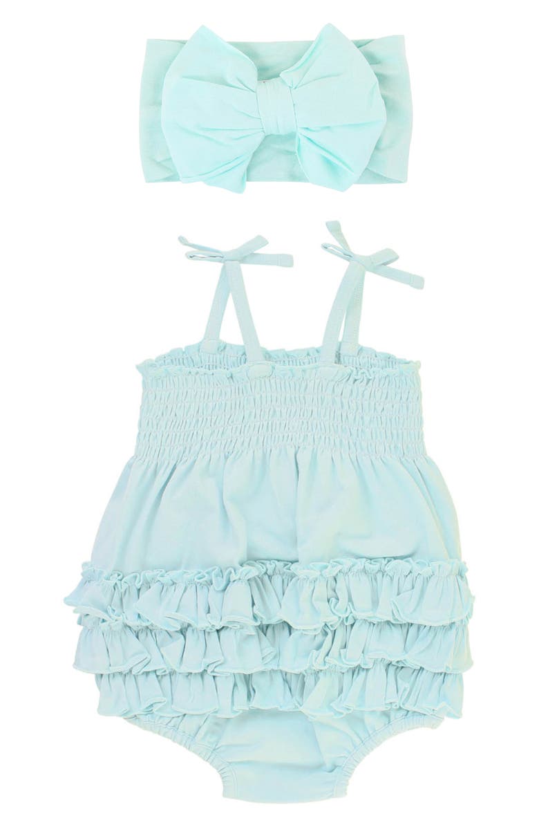 RuffleButts Starlight Smocked Bubble Romper and Headband Set, Alternate, color, 
