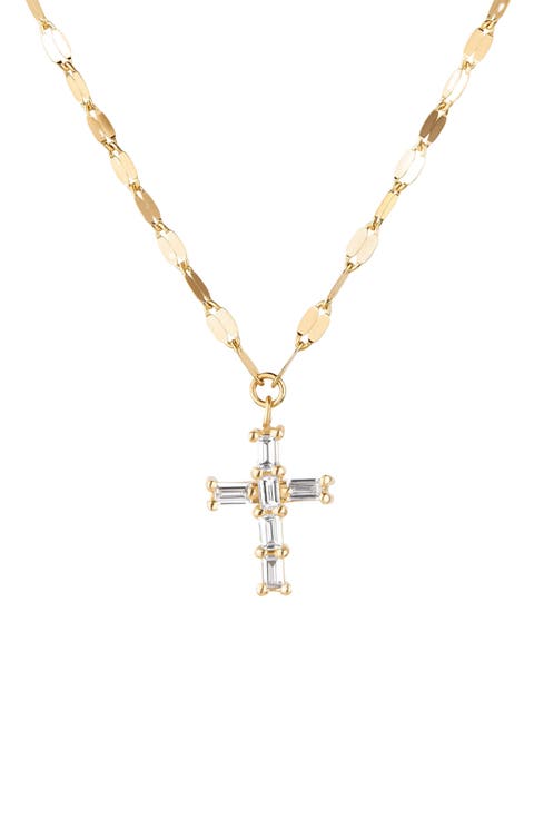 14K Gold Baguette Diamond Mini Cross Pendant Necklace