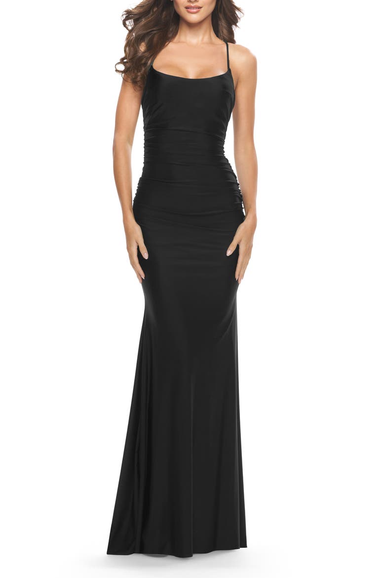 Intricate Lace Up Back Jersey Gown with Ruching, Main, color, Black