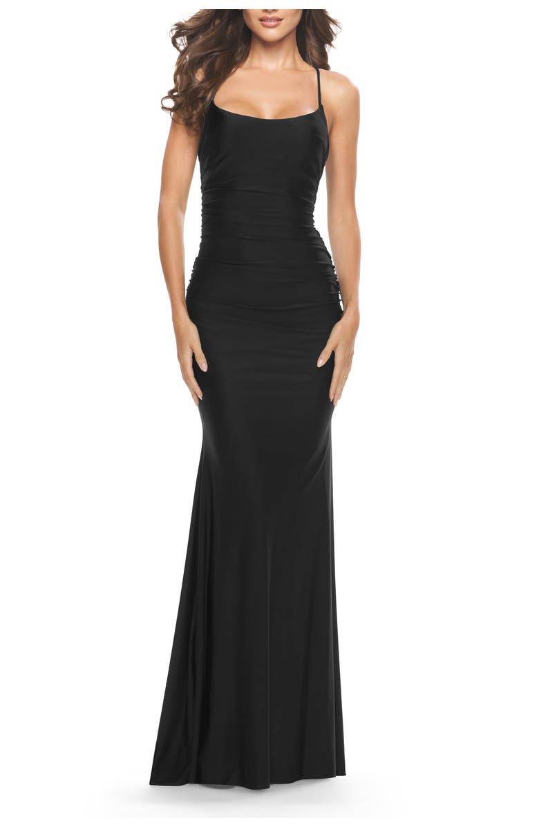 La Femme Intricate Lace Up Back Jersey Gown with Ruching, Main, color, Black