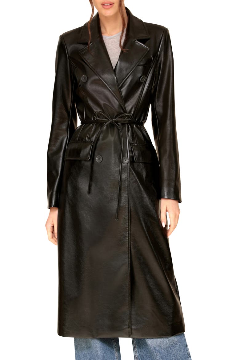 Faux Leather Belted Trench Coat, Alternate, color, BLACK