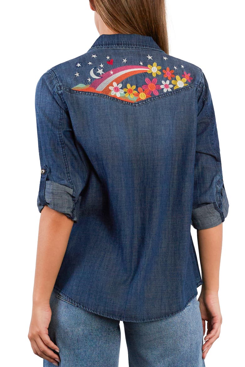 To the Moon & Back Embroidered Denim Graphic Button-Up Shirt, Alternate, color, DUSK DENIM