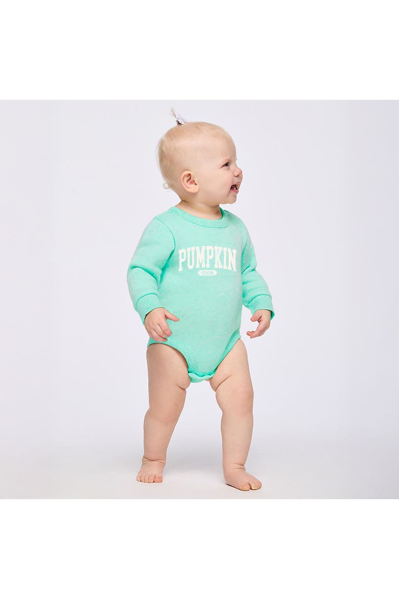 Pumpkin Season Varsity Cream Infant Fleece BodySuit, Main, color, Seafoam