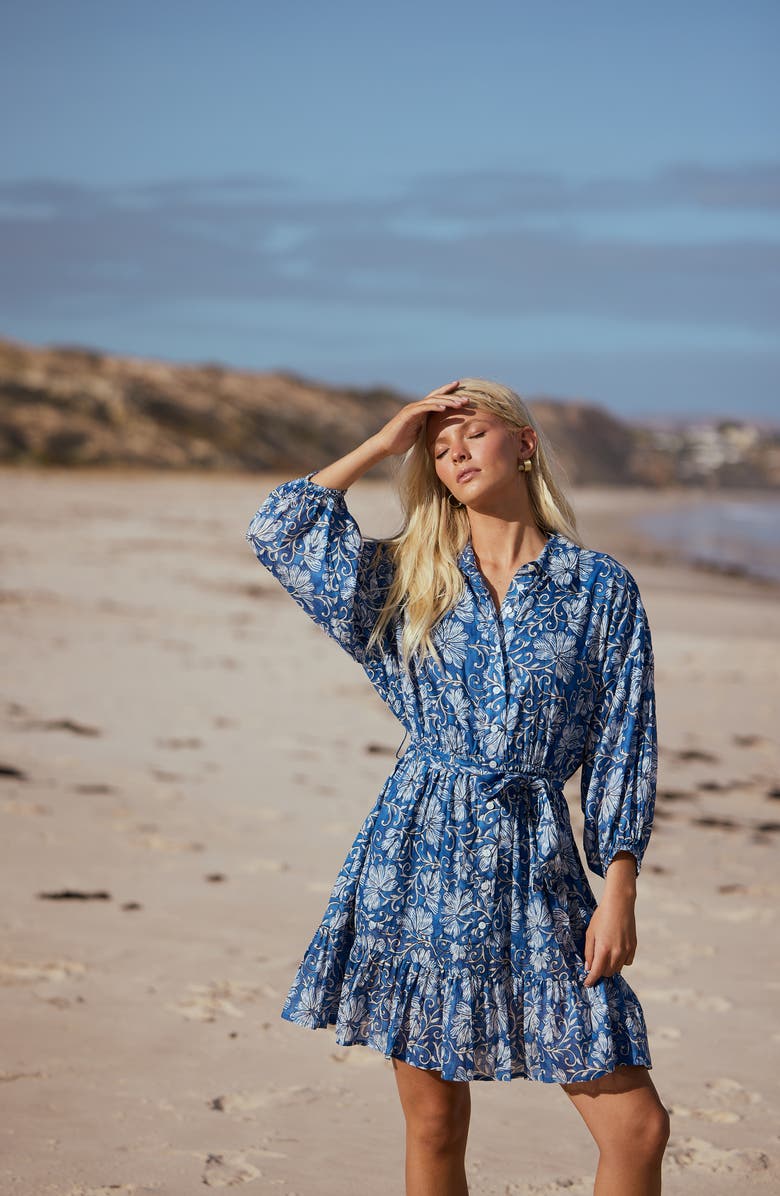 Talisman the Label Echo Print Tie Waist Long Sleeve Dress, Alternate, color, Blue Blossom