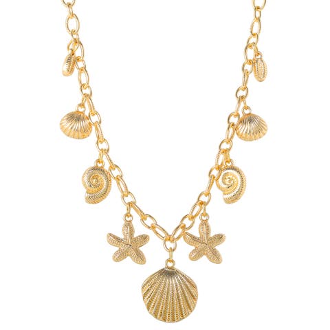 Ocean Charms Necklace for Women, 16"+3" Gold-Tone Chunky Necklace with 9 Charms