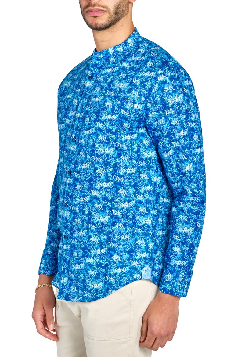 Abstract Leaf Print Mandarin Collar Shirt, Alternate, color, LIGHT BLUE/ NAVY