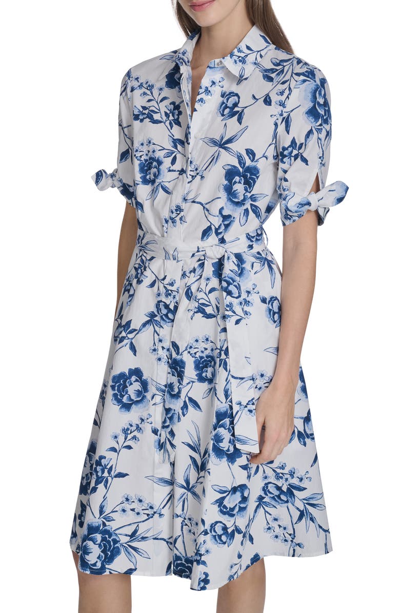 Calvin Klein Short Sleeve Cotton Shirtdress, Alternate, color, Cream Multi