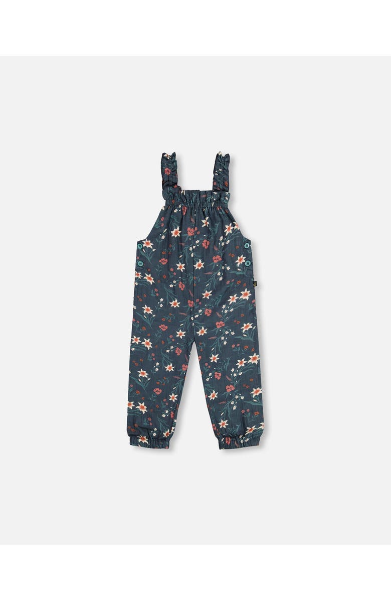 Deux par Deux Little Girl's Printed Muslin Overall Teal With Flowers, Main, color, 